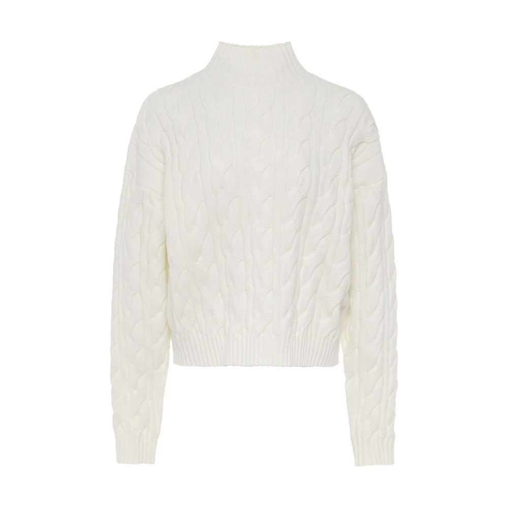 Mock Neck Cable-knit Sweater Loose Pullover Women