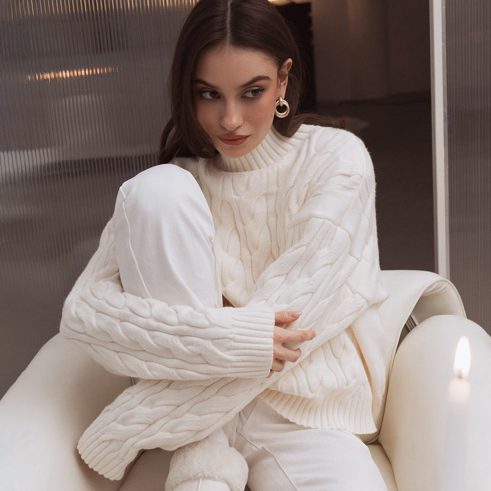 Mock Neck Cable-knit Sweater Loose Pullover Women