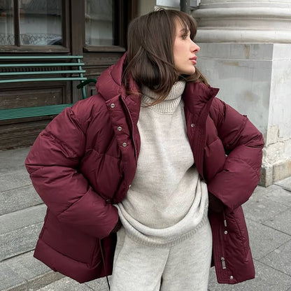 Wine Red Hooded Cotton Jacket